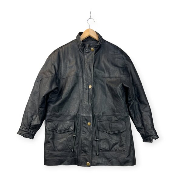 Vintage 90s Charles Klein Mens Leather Field Jacket Black Coat Waist Ties Sz XL - Picture 2 of 16